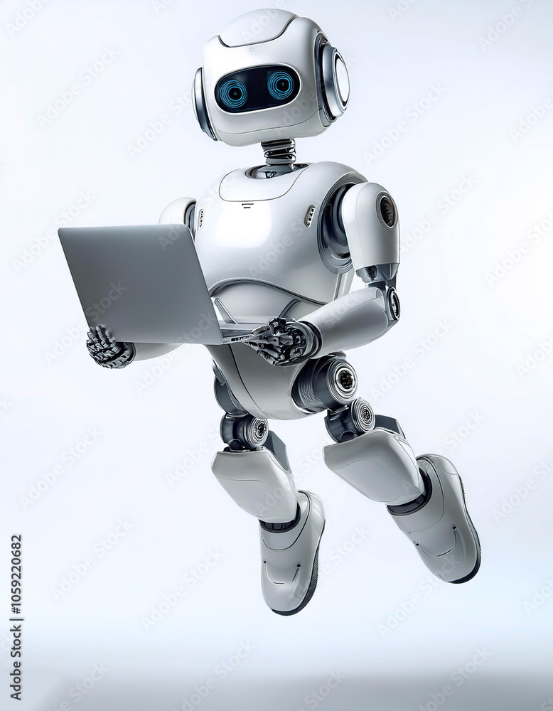 AI robot holding a laptop floating or flying isolated white background AI robot holding a laptop floating or flying isolated white background