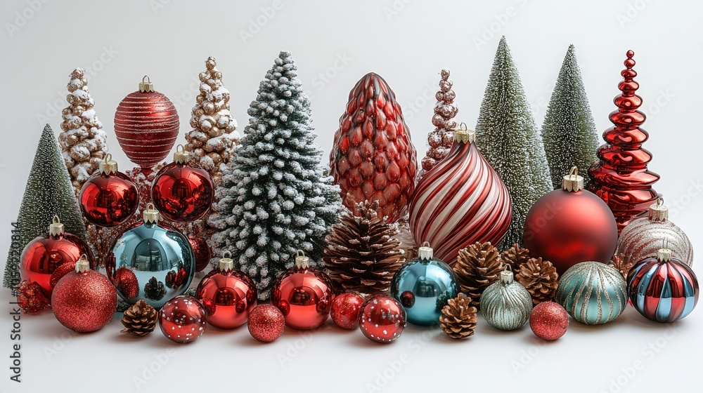 christmas themed decorations on a white background, with pine trees, pinecones and christmas ornaments christmas themed decorations on a white background, with pine trees, pinecones and christmas ornaments