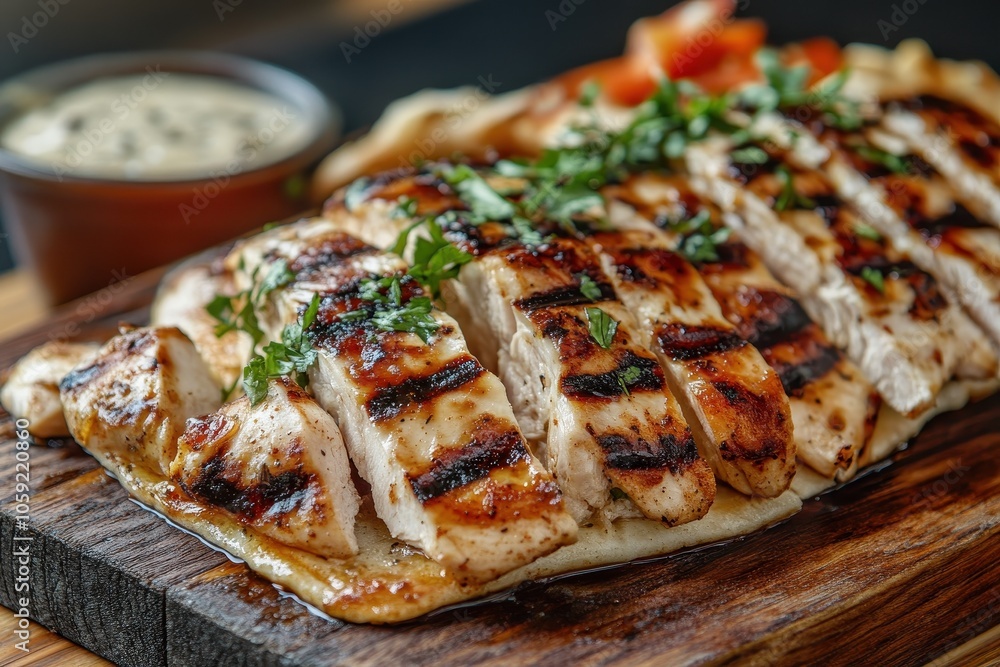 Chicken shawarma with garlic sauce on a wooden board close up Chicken shawarma with garlic sauce on a wooden board close up