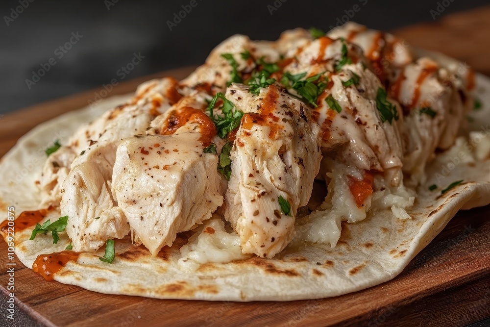 Chicken shawarma with garlic sauce in pita served on a wooden board Close up Chicken shawarma with garlic sauce in pita served on a wooden board Close up