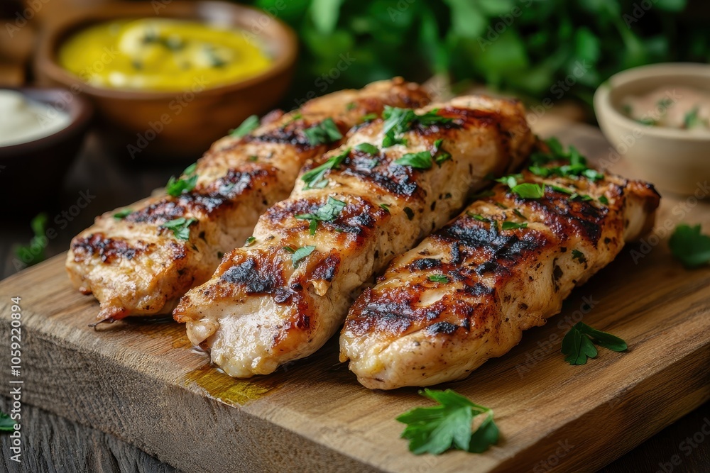 Chicken shawarma topped with garlic sauce on a wood board close up Chicken shawarma topped with garlic sauce on a wood board close up