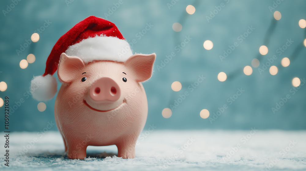 A cheerful piggy bank adorned with a Santa hat, sitting on a snowy surface with colorful bokeh lights in the background, symbolizing holiday savings.