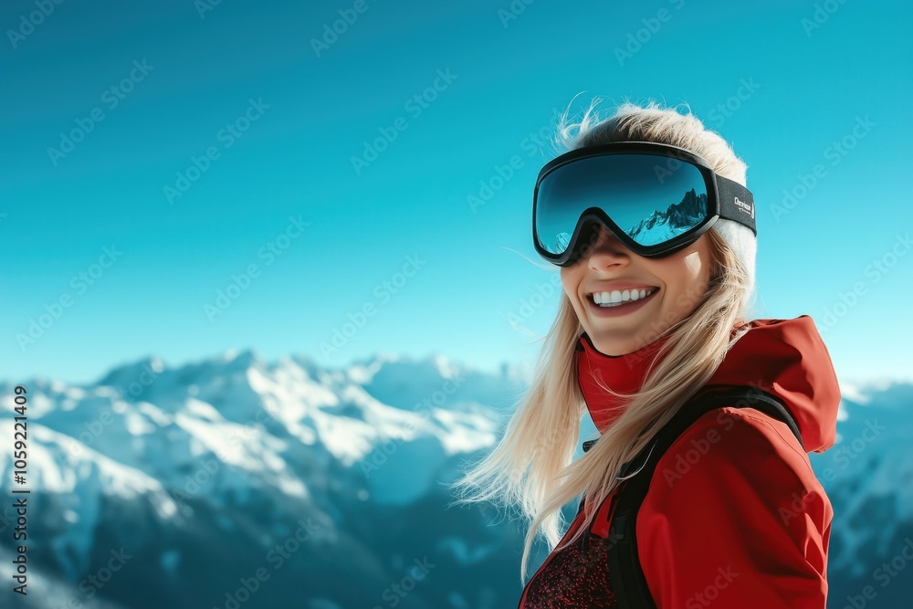 Une femme blonde âgée de 25 ans, en tenue de ski souriant à l'objectif sur fond de montagnes enneigées et de ciel bleu, image avec espace pour texte. Une femme blonde âgée de 25 ans, en tenue de ski souriant à l'objectif sur fond de montagnes enneigées et de ciel bleu, image avec espace pour texte.