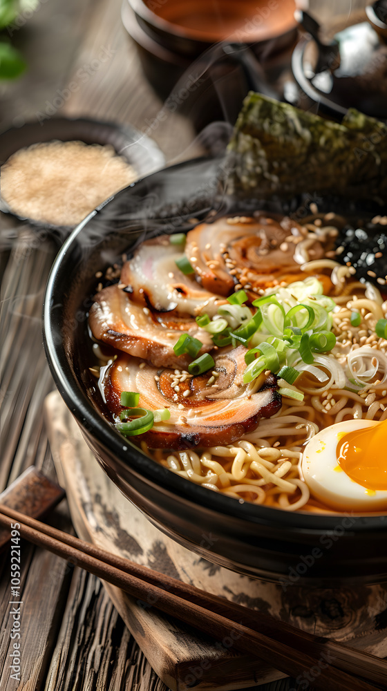 Authentic Japanese ramen with perfectly crafted broth in traditional bowl and setting Authentic Japanese ramen with perfectly crafted broth in traditional bowl and setting