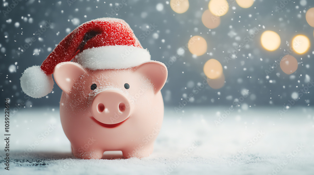 A cheerful piggy bank wearing a Santa hat amidst falling snow, creating a festive atmosphere perfect for holiday saving and celebrations. A cheerful piggy bank wearing a Santa hat amidst falling snow, creating a festive atmosphere perfect for holiday saving and celebrations.