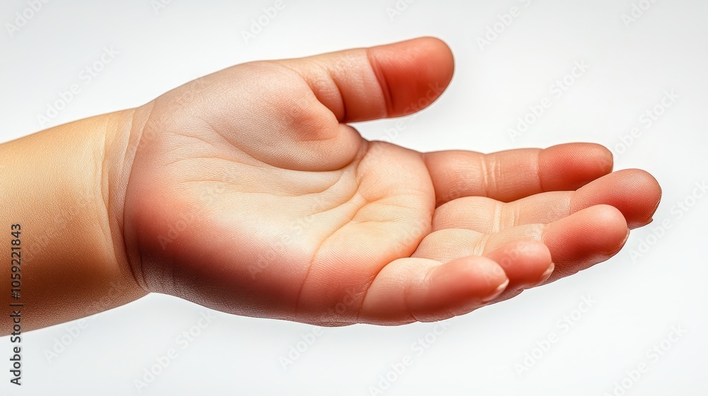 Close-up of a child's chubby hand, emphasizing the realism of skin with fingers and fingerprints on white background Close-up of a child's chubby hand, emphasizing the realism of skin with fingers and fingerprints on white background