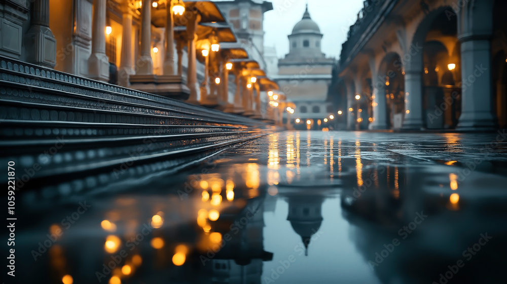 Fototapeta premium Elegant architecture with illuminated street lamps and reflections on a wet surface in a historic setting during evening twilight.