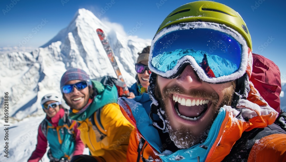 Un groupe d'amis prenant un selfie au ski, vêtus d'un équipement coloré et souriant avec de la neige sur leurs visages, arrière-plan avec montagnes enneigées et ciel bleu. Un groupe d'amis prenant un selfie au ski, vêtus d'un équipement coloré et souriant avec de la neige sur leurs visages, arrière-plan avec montagnes enneigées et ciel bleu.