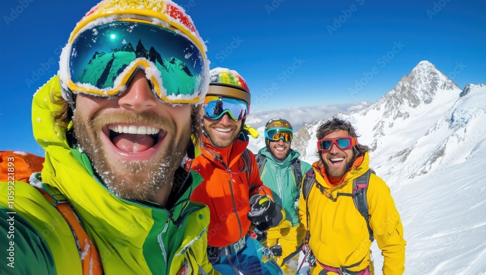 Un groupe d'amis prenant un selfie au ski, vêtus d'un équipement coloré et souriant avec de la neige sur leurs visages, arrière-plan avec montagnes enneigées et ciel bleu. Un groupe d'amis prenant un selfie au ski, vêtus d'un équipement coloré et souriant avec de la neige sur leurs visages, arrière-plan avec montagnes enneigées et ciel bleu.