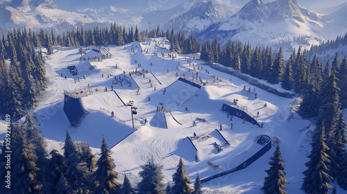 Snow Park with Freestyle Features in crisp winter blues bustling with snowboarders and skiers nestled in mountain panorama