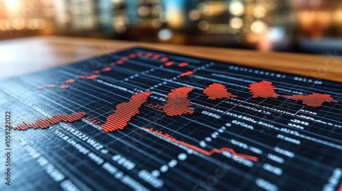 Red dotted line graph on a black background on a wooden desk showing a stock market downturn.