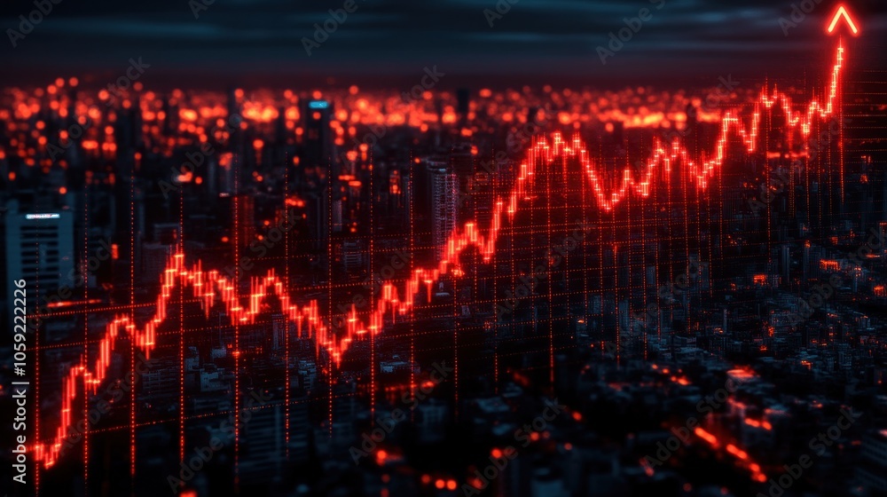 Red graph line rising over a city at night. Red graph line rising over a city at night.
