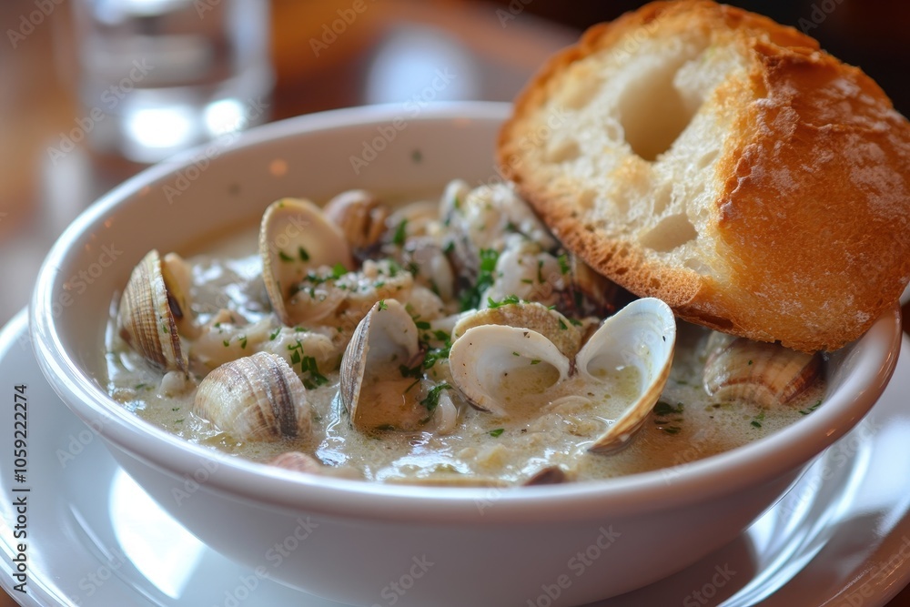 Clam chowder from New England served with bread Clam chowder from New England served with bread
