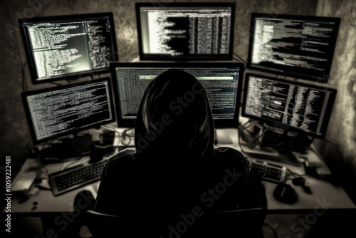 A dark-hooded hacker sits in front of multiple computer screens displaying lines of code, creating a scene of a cyber attack.