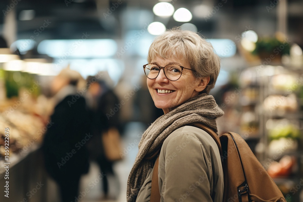 A smiling person waiting in a store line, indoor setting, bright lighting, medium shot, side angle 6 A smiling person waiting in a store line, indoor setting, bright lighting, medium shot, side angle 6
