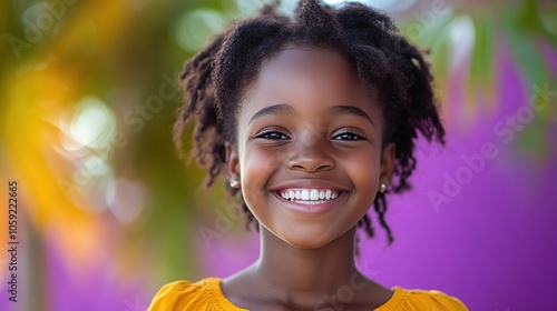 Realistic portrait of an African girl, aged 15, expressing pure joy, isolated on a clean purple background, showcasing her bright smile and exuberant mood. High resolution Illustration, in the style