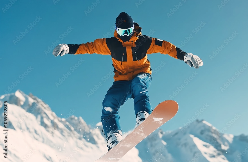 Un homme faisant du snowboard portant des vêtements orange et des lunettes de protection effectuant un saut dans la montagne. Un homme faisant du snowboard portant des vêtements orange et des lunettes de protection effectuant un saut dans la montagne.