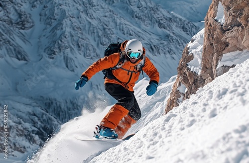 Un homme en snowboard dévalant la montagne à grande vitesse, portant une tenue orange et noire. photo