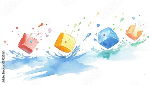 Watercolor dreidels midspin, with streaks of colorful splashes around them, Dreidel Whirl, joyful Hanukkah tradition photo