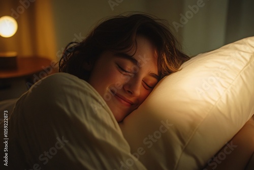 A smiling person hugging a soft pillow, dim bedroom light, relaxing atmosphere, close-up, front view 2