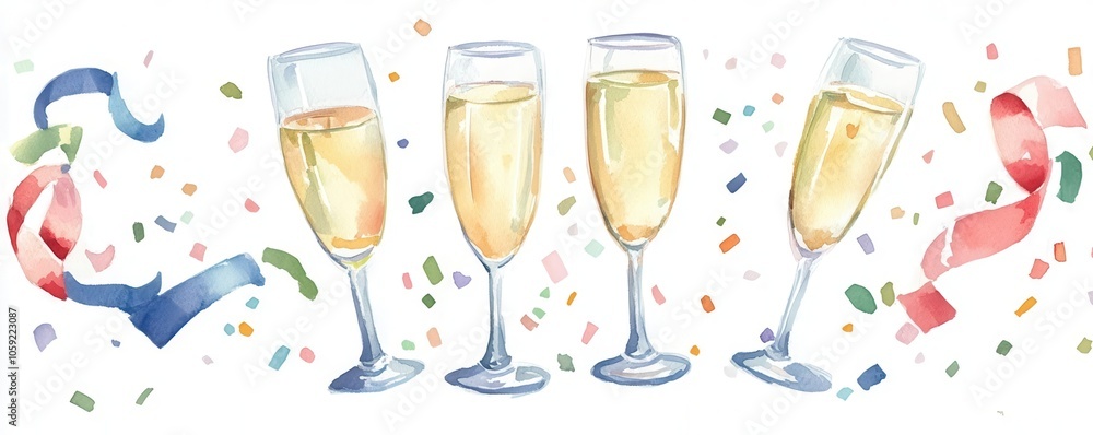 Watercolor image of party streamers, confetti, and champagne glasses, New Year s Eve Party Essentials, fun and festivity Watercolor image of party streamers, confetti, and champagne glasses, New Year s Eve Party Essentials, fun and festivity