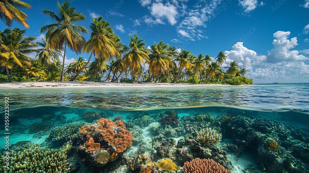 Naklejka premium Tropical Island Beach with Palm Trees, White Sand and Clear Waters