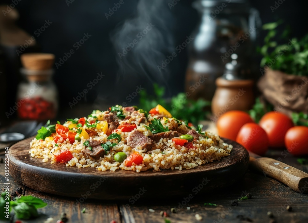 Classic lamb pilaf with veggies and spices on a wooden table against a dark backdrop side angle Classic lamb pilaf with veggies and spices on a wooden table against a dark backdrop side angle
