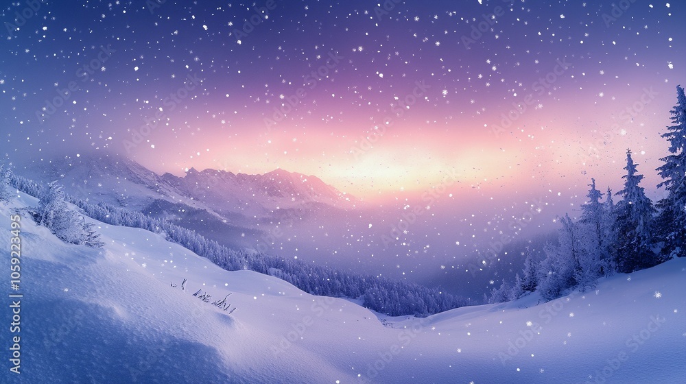 Snowy Alpine Landscape at Twilight with Falling Snowflakes Snowy Alpine Landscape at Twilight with Falling Snowflakes