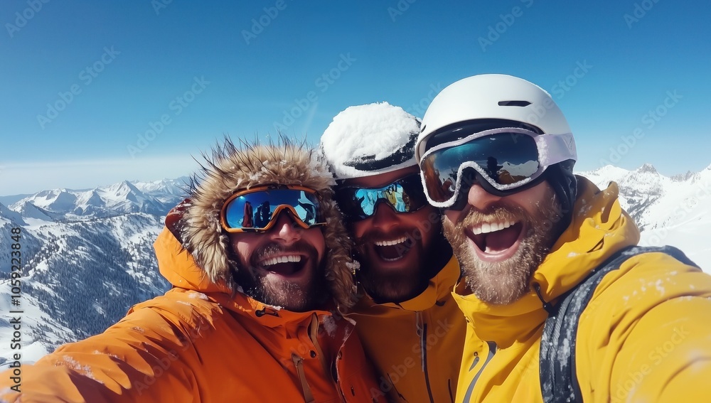 Trois amis heureux, souriant, en tenue de ski prenant un selfie au sommet d'une montagne par une journée ensoleillée, avec un ciel bleu et des montagnes enneigées en arrière-plan. Trois amis heureux, souriant, en tenue de ski prenant un selfie au sommet d'une montagne par une journée ensoleillée, avec un ciel bleu et des montagnes enneigées en arrière-plan.