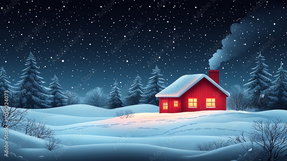 Fototapeta premium Red cabin in snowy winter night scene