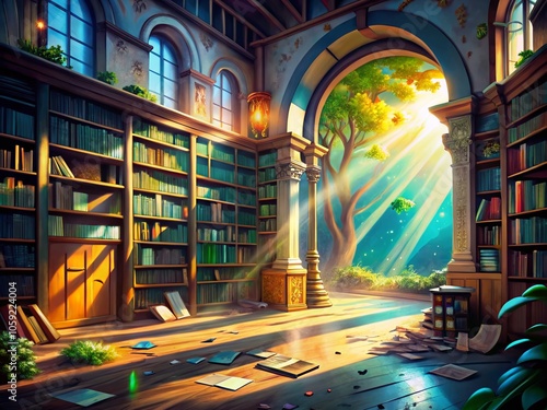 Abandoned Library Interior - Enchanting Cartoon Illustration of Forgotten Bookshelves, Dusty Tomes, and Whimsical Shadows in a Dreamy Atmosphere for Creative Projects photo