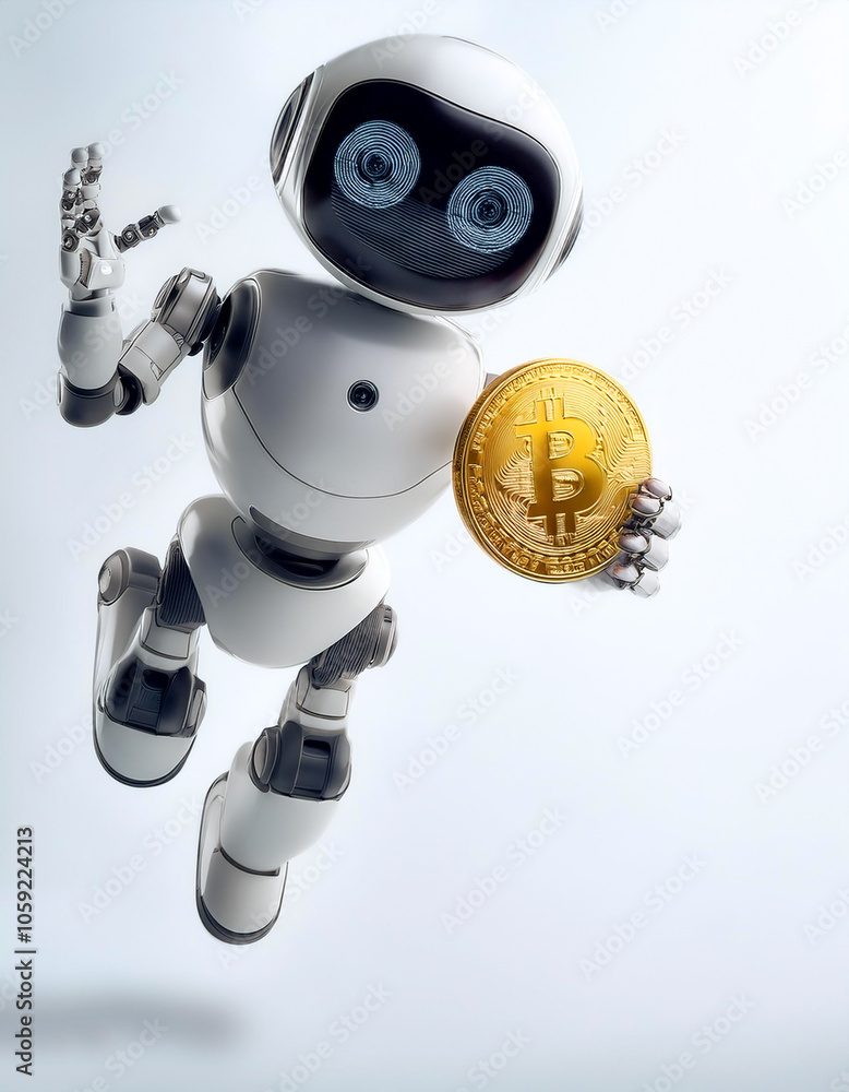 AI Robot Holding Gold Coin floating or flying isolated white background AI Robot Holding Gold Coin floating or flying isolated white background