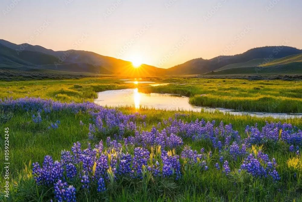 Fototapeta premium Vibrant Sunrise Over a Meadow of Purple Wildflowers Reflecting on a Serene Stream