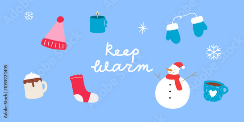 Festive Christmas icon set vector illustration Snowman, sock, gloves, beanie, hot chocolate