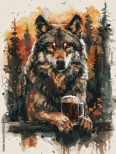 Wolf is holding a beer mug in its mouth. The image has a moody and dark atmosphere, with the wolf's eyes staring into the distance