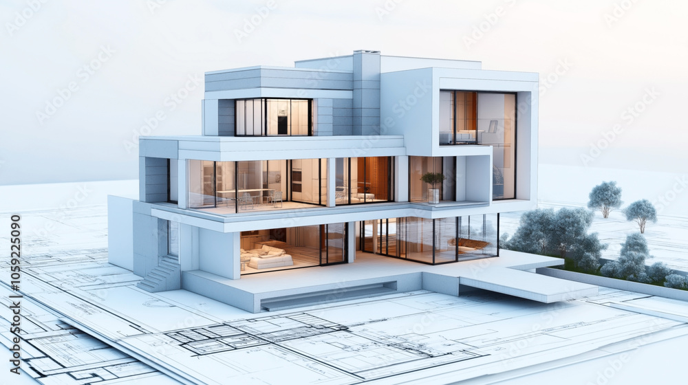 Modern architectural design of a multi-story house with large glass windows, displayed on a blueprint with trees in the background, showcasing contemporary residential architecture.