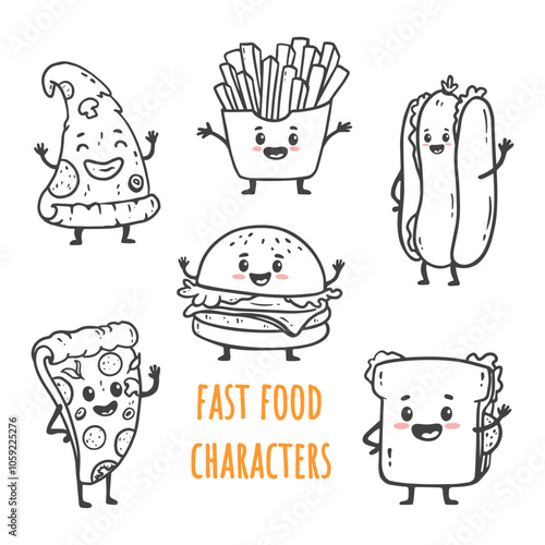 set of cartoon fast food characters isolated on white. French fries, burger, hot dog, pizza slice and sandwich in doodle style. Vector illustration