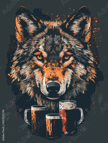 Wolf is shown with three cups of beer in front of it. The wolf appears to be drinking from one of the cups