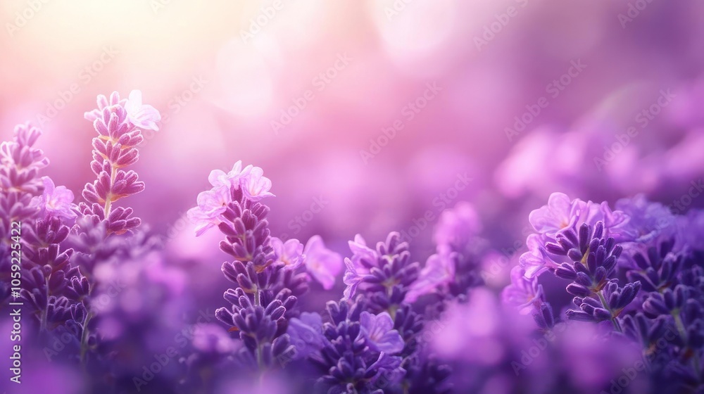 A close-up image showing a vibrant purple field with lavender and other flowers in sunlight, A close-up image showing a vibrant purple field with lavender and other flowers in sunlight,