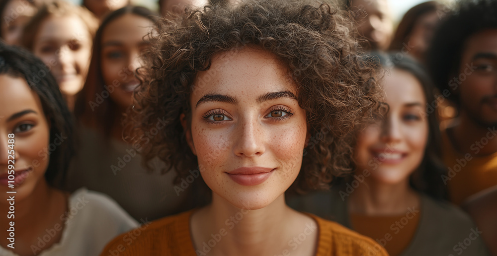 Portrait of a young woman with curly hair and freckles, smiling warmly among friends in a cozy setting. Portrait of a young woman with curly hair and freckles, smiling warmly among friends in a cozy setting.