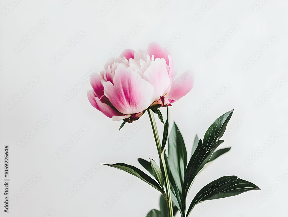 Naklejka premium A delicate pink peony flower against a soft white background.