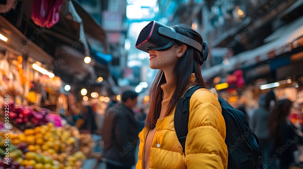 Solo traveler using a virtual assistant to translate local phrases while exploring a foreign market Solo traveler using a virtual assistant to translate local phrases while exploring a foreign market