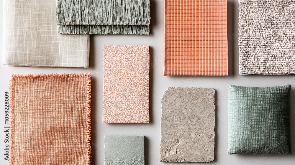 Fototapeta premium Material board showcasing a mix of textures in soft beige, terracotta, and gray shades, with ceramic objects, fabric swatches, and stone samples. Ideal for home decor or interior design mood board 