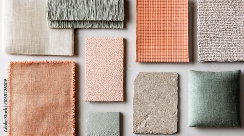 Material board showcasing a mix of textures in soft beige, terracotta, and gray shades, with ceramic objects, fabric swatches, and stone samples. Ideal for home decor or interior design mood board 