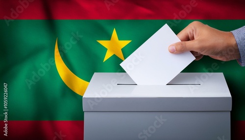 モーリタニアの国旗の背景と投票箱と投票する手。選挙。(Mauritania flag background and ballot box and hand voting. election.)
 photo