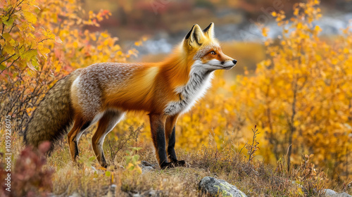 A red fox stands in the fall landscape of the Yukon Territory, Canada.