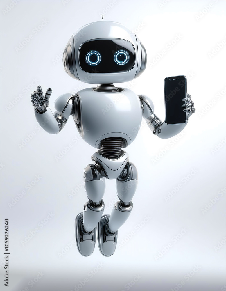 AI robot holding smartphone floating or flying isolated white background AI robot holding smartphone floating or flying isolated white background