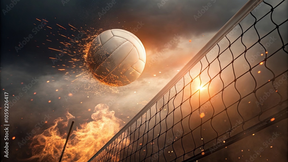 Glowing Volleyball Flying Over Flames and Net Glowing Volleyball Flying Over Flames and Net
