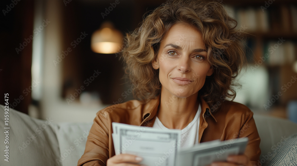 A medium shot of a woman sitting on her living room sofa, holding a stack of bills in one hand and a calculator in the other. Her face shows deep concern as she struggles with cons A medium shot of a woman sitting on her living room sofa, holding a stack of bills in one hand and a calculator in the other. Her face shows deep concern as she struggles with cons