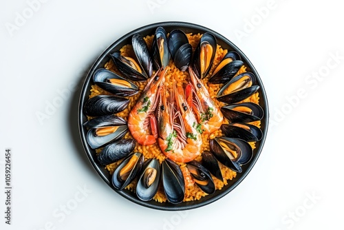 Classic Spanish seafood paella featuring rice mussels and shrimp in a pan seen from above on a white backdrop